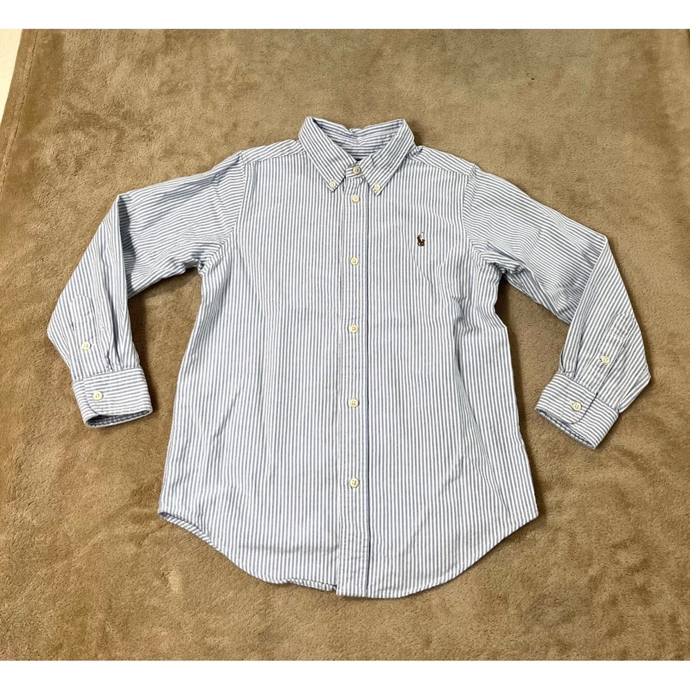 Ralph Lauren Boys 7 Blue White Striped Oxford Button Down Long Sleeve Shirt